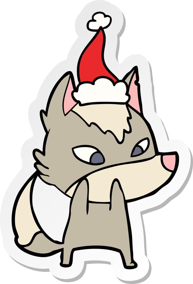 shy sticker cartoon of a wolf wearing santa hat vector