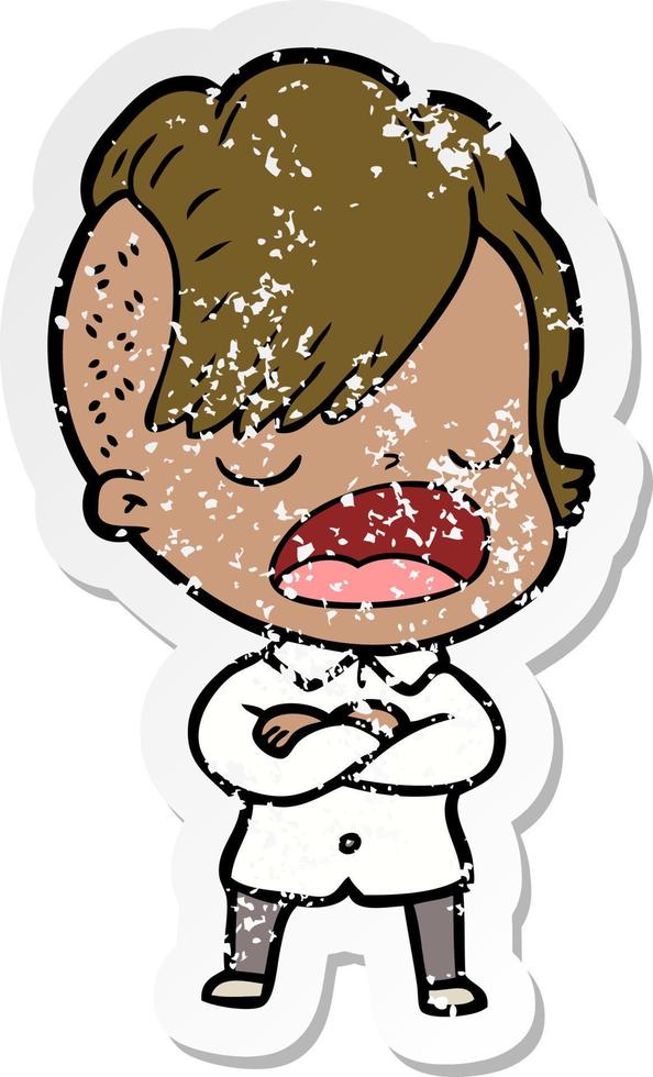 distressed sticker of a cartoon cool hipster girl talking vector