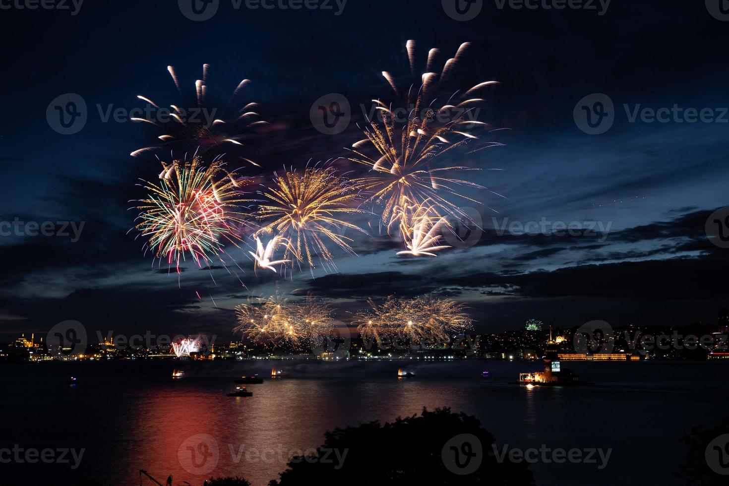 Fireworks over Bosphorus Strait, Istanbul, Turkey photo