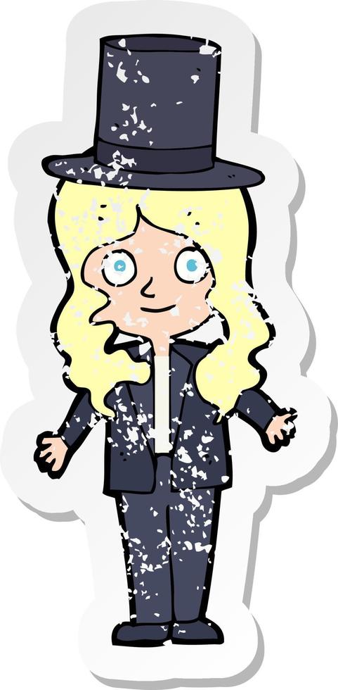 retro distressed sticker of a cartoon woman wearing top hat vector