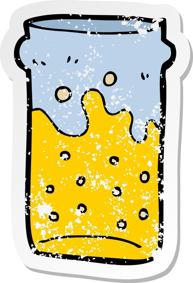 pegatina retro angustiada de una pinta de cerveza de dibujos animados vector