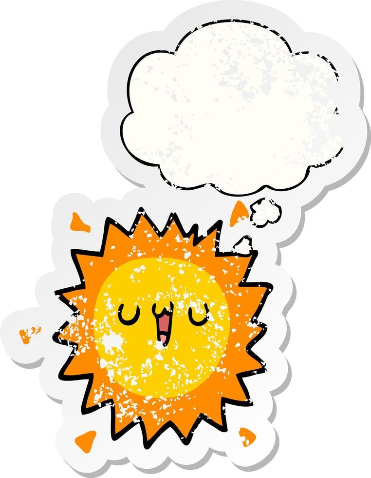 cartoon sun and thought bubble as a distressed worn sticker vector