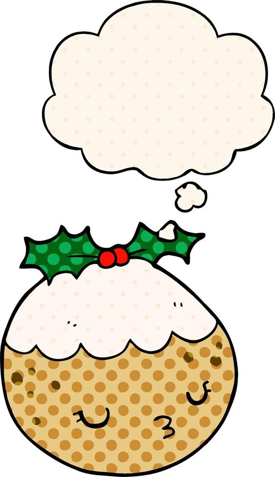 cute cartoon christmas pudding and thought bubble in comic book style vector