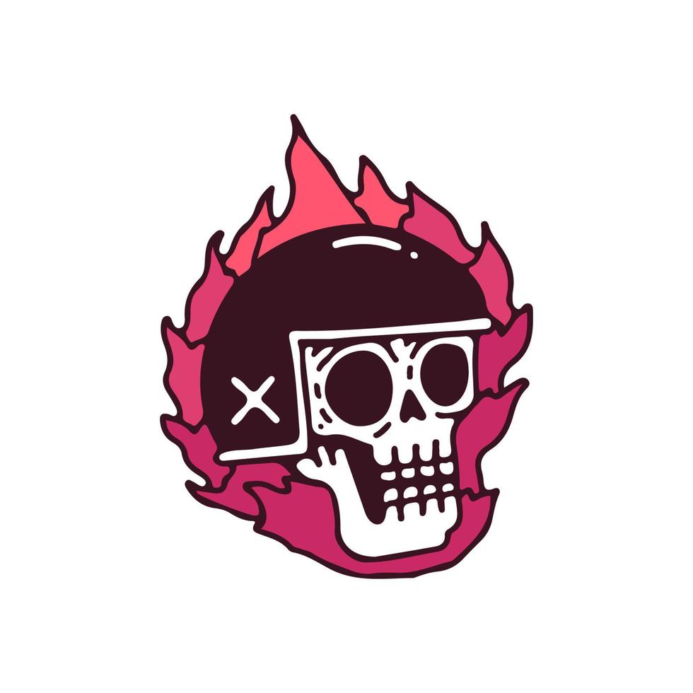 Rider skull on fire, illustration for t-shirt, poster, sticker, or apparel merchandise. With retro cartoon style vector