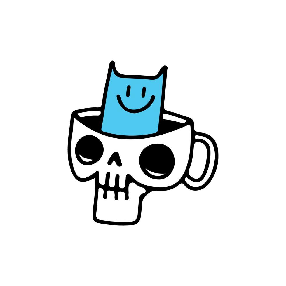 Skull head mug with cat inside, illustration for t-shirt, sticker, or apparel merchandise. With doodle, retro, and cartoon style. vector