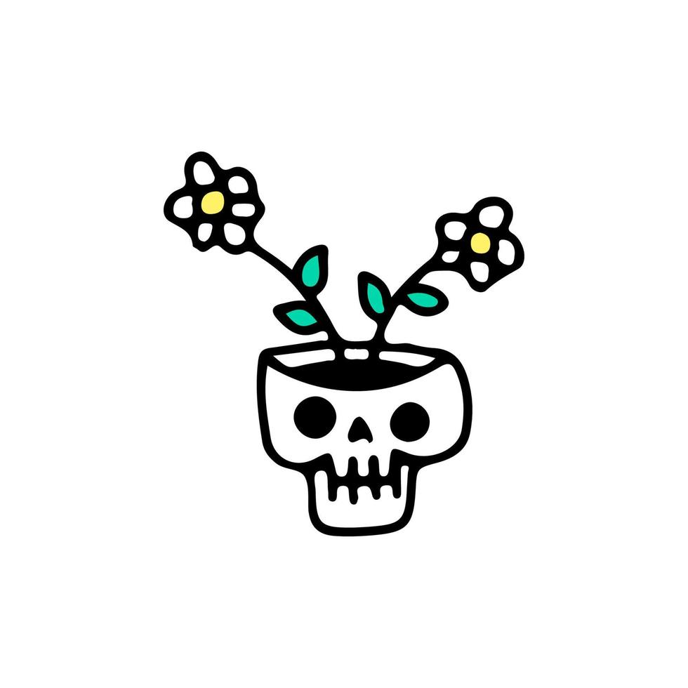 Skull head with sunflowers, illustration for t-shirt, street wear, sticker, or apparel merchandise. With doodle, retro, and cartoon style. vector