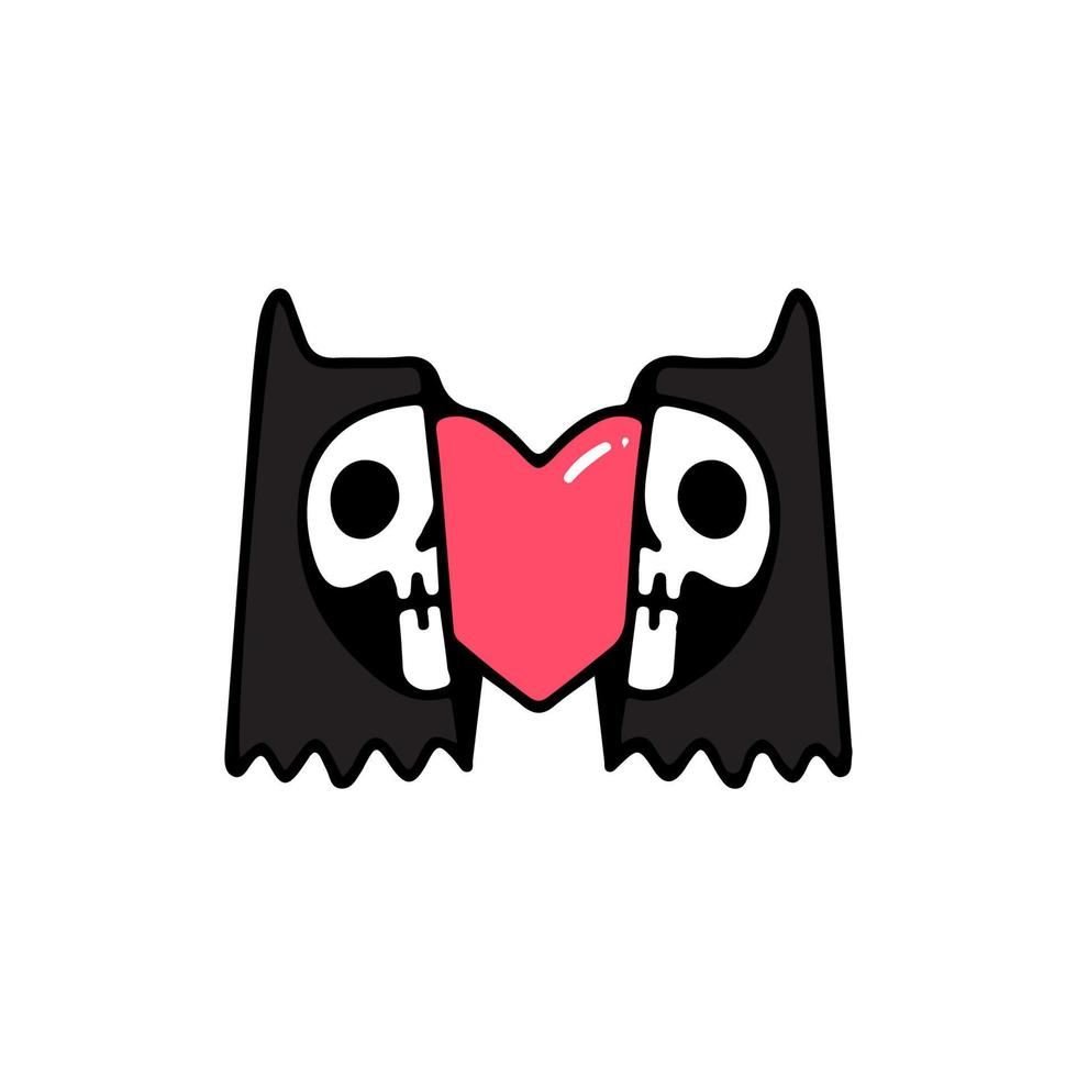 Trendy two half of cat skeleton head with heart inside, illustration for t-shirt, street wear, sticker, or apparel merchandise. With doodle, retro, and cartoon style. vector