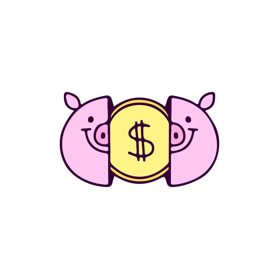 dos mitades de cabeza de cerdo con moneda de dólar adentro, ilustración para camiseta, ropa de calle, pegatina o mercancía de ropa. con estilo de dibujos animados de garabatos. vector