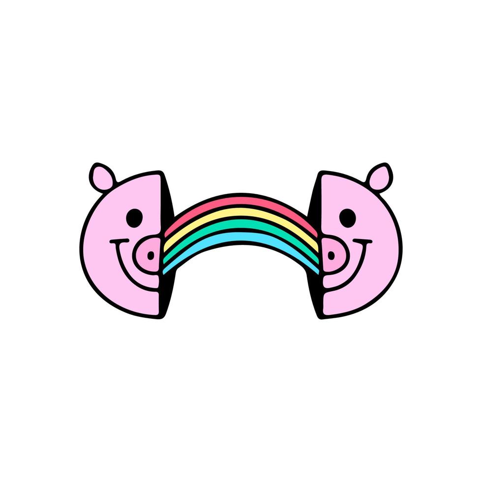 Two half of pig head with rainbow inside, illustration for t-shirt, street wear, sticker, or apparel merchandise. With doodle, retro, and cartoon style. vector