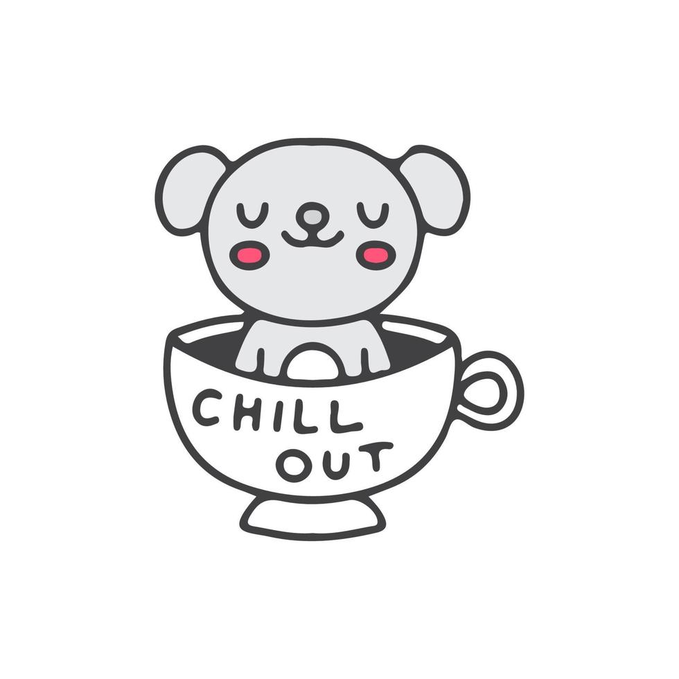 el oso koala se relaja dentro de una taza de café, ilustración para camisetas, ropa de calle, calcomanías o prendas de vestir. con estilo garabato, retro y caricatura. vector
