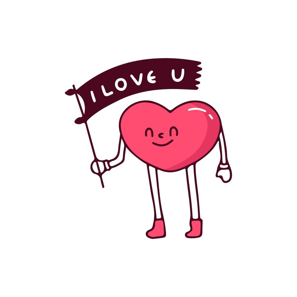 Heart mascot character holding flag with i love you typography ...