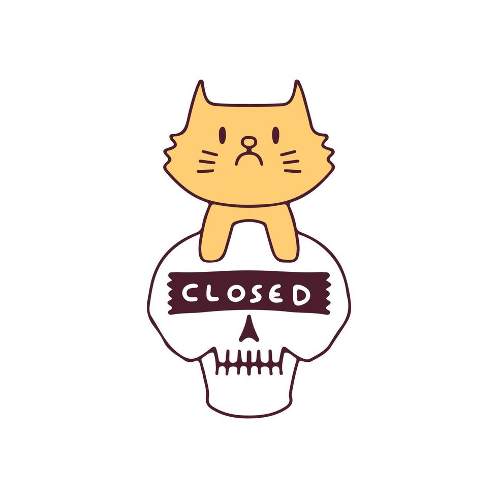 Skull and cat with closed sign, illustration for t-shirt, street wear, sticker, or apparel merchandise. With retro, and cartoon style. vector