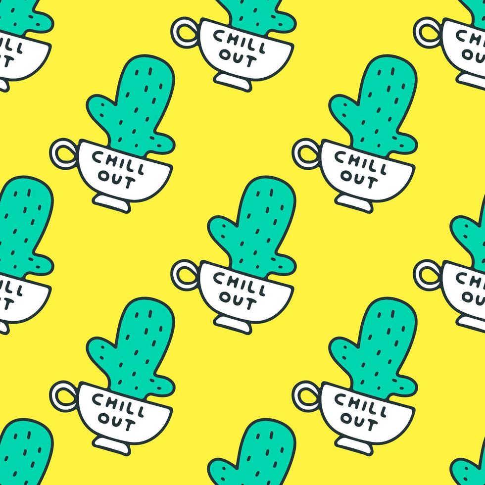 Coffee cup and cactus, seamless pattern background illustration for t-shirt, sticker, or apparel merchandise. With doodle, retro, and cartoon style. vector