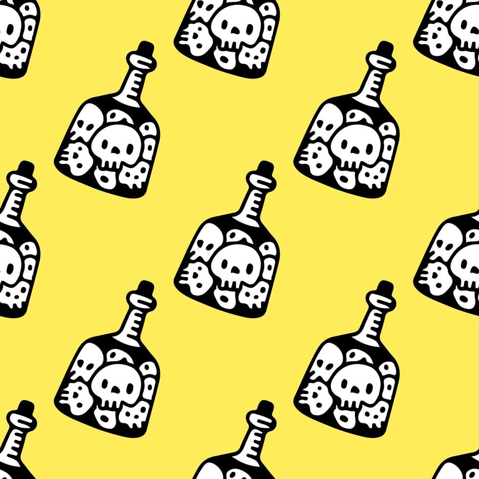 Skulls head in the bottle, seamless pattern background illustration for t-shirt, sticker, or apparel merchandise. With doodle, retro, and cartoon style. vector