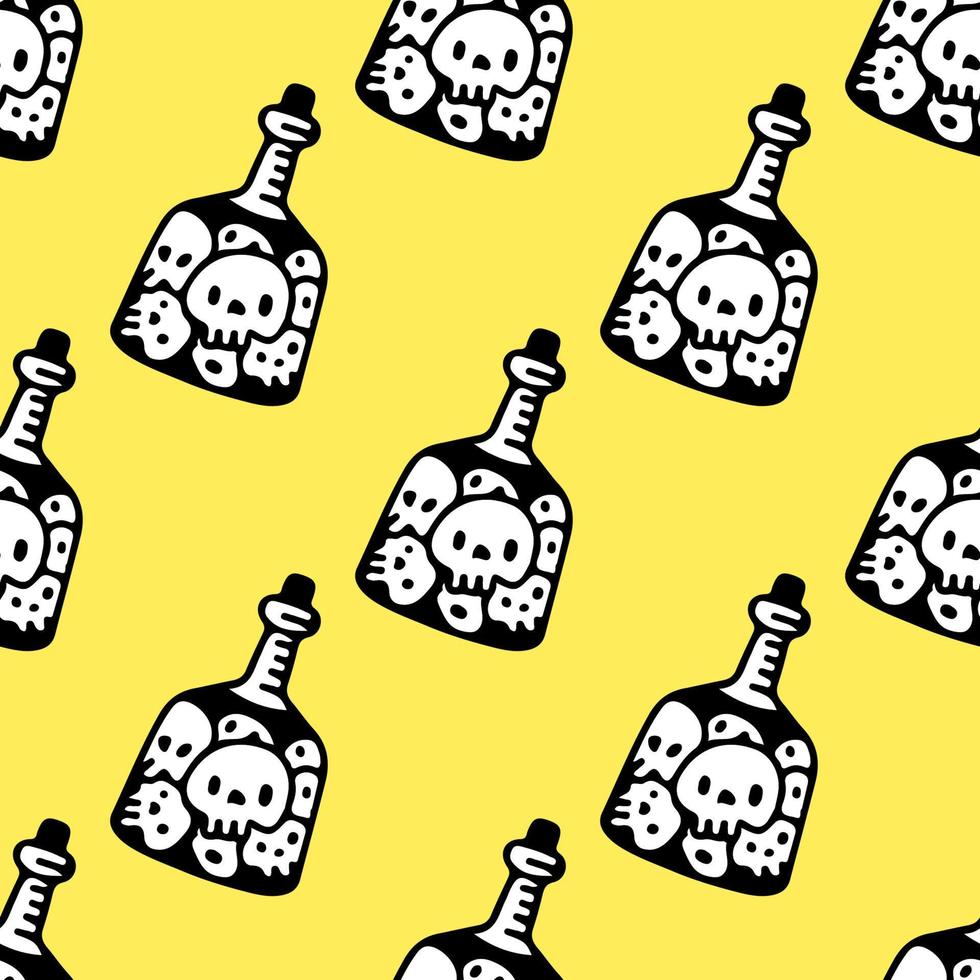 cabeza de calaveras en la botella, ilustración de fondo de patrón sin costuras para camisetas, pegatinas o prendas de vestir. con estilo garabato, retro y caricatura. vector