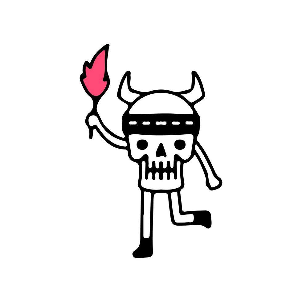 Viking skull holding torch, illustration for t-shirt, street wear, sticker, or apparel merchandise. With doodle, retro, and cartoon style. vector