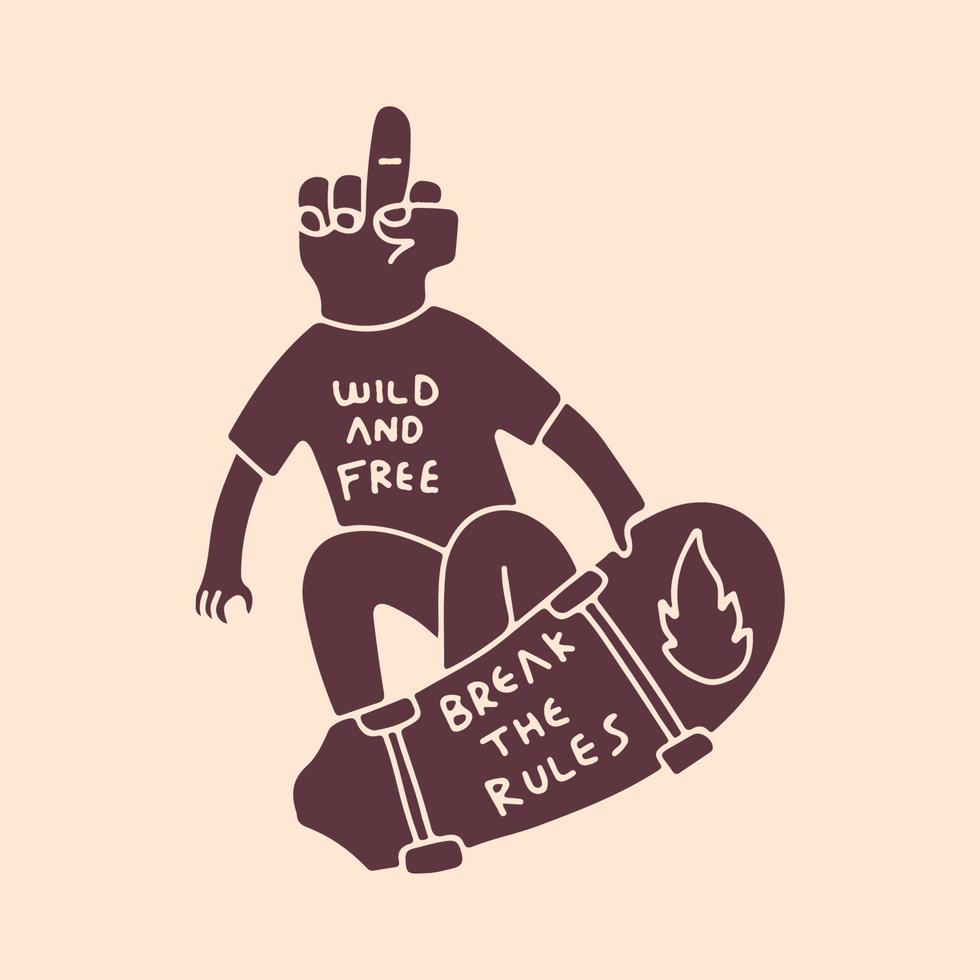 Man with middle finger head freestyle on skateboard, illustration for t-shirt, poster, sticker, or apparel merchandise. With retro cartoon style vector