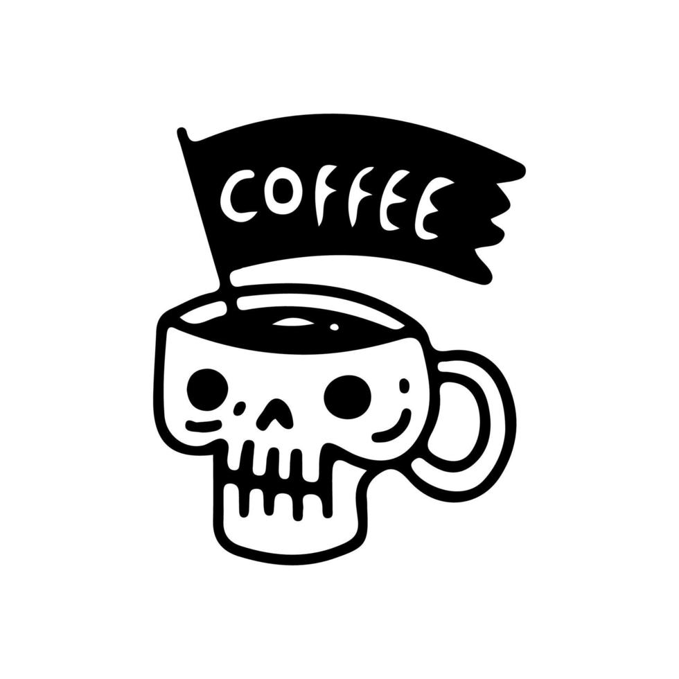 copa de calavera y bandera con tipografía de café, ilustración para camisetas, pegatinas o prendas de vestir. con estilo garabato, retro y caricatura. vector