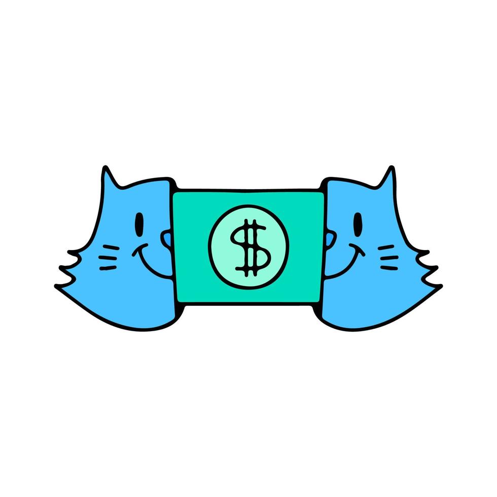 Fancy two half of cat head with dollar inside, illustration for t-shirt, street wear, sticker, or apparel merchandise. With doodle, retro, and cartoon style. vector