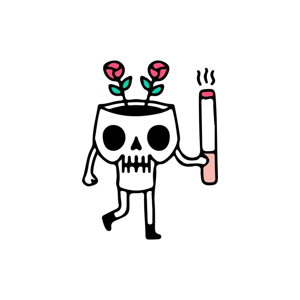 cráneo de flores con cigarrillo, ilustración para camiseta, ropa de calle, pegatina o mercancía de ropa. con estilo garabato, retro y caricatura. vector