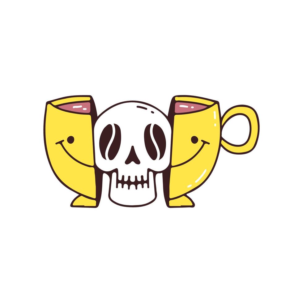 Two half of Cup of coffee with skull head inside, illustration for t-shirt, street wear, sticker, or apparel merchandise. With doodle, retro, and cartoon style. vector