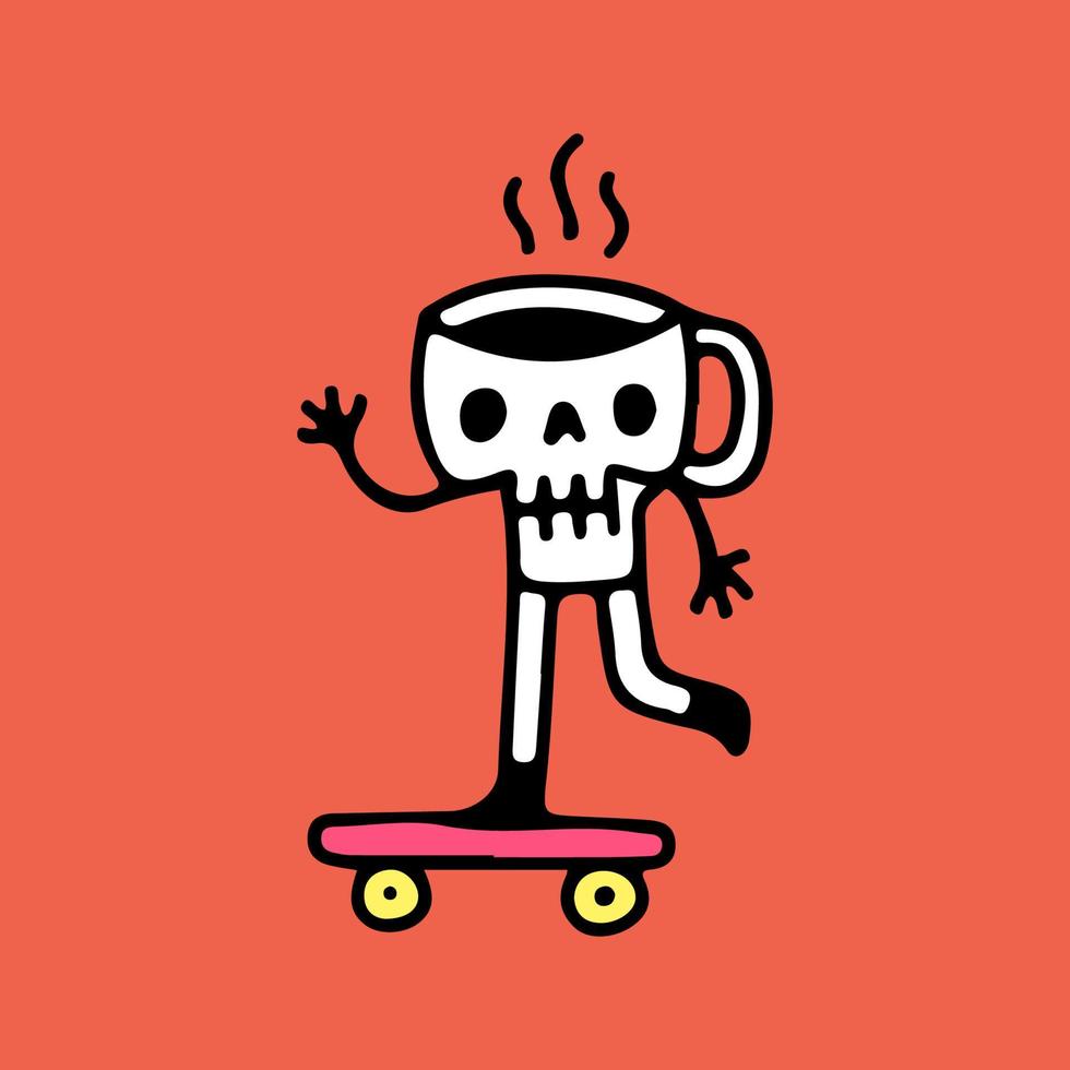 Skull coffee cup riding skateboard, illustration for t-shirt, sticker, or apparel merchandise. With doodle, retro, and cartoon style. vector