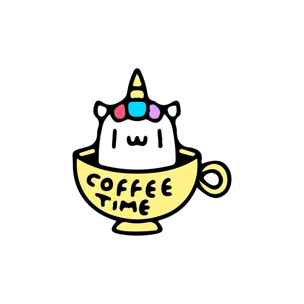 lindo unicornio dentro de una taza de café, ilustración para camiseta, ropa de calle, pegatina o mercancía de ropa. con estilo retro y de dibujos animados. vector