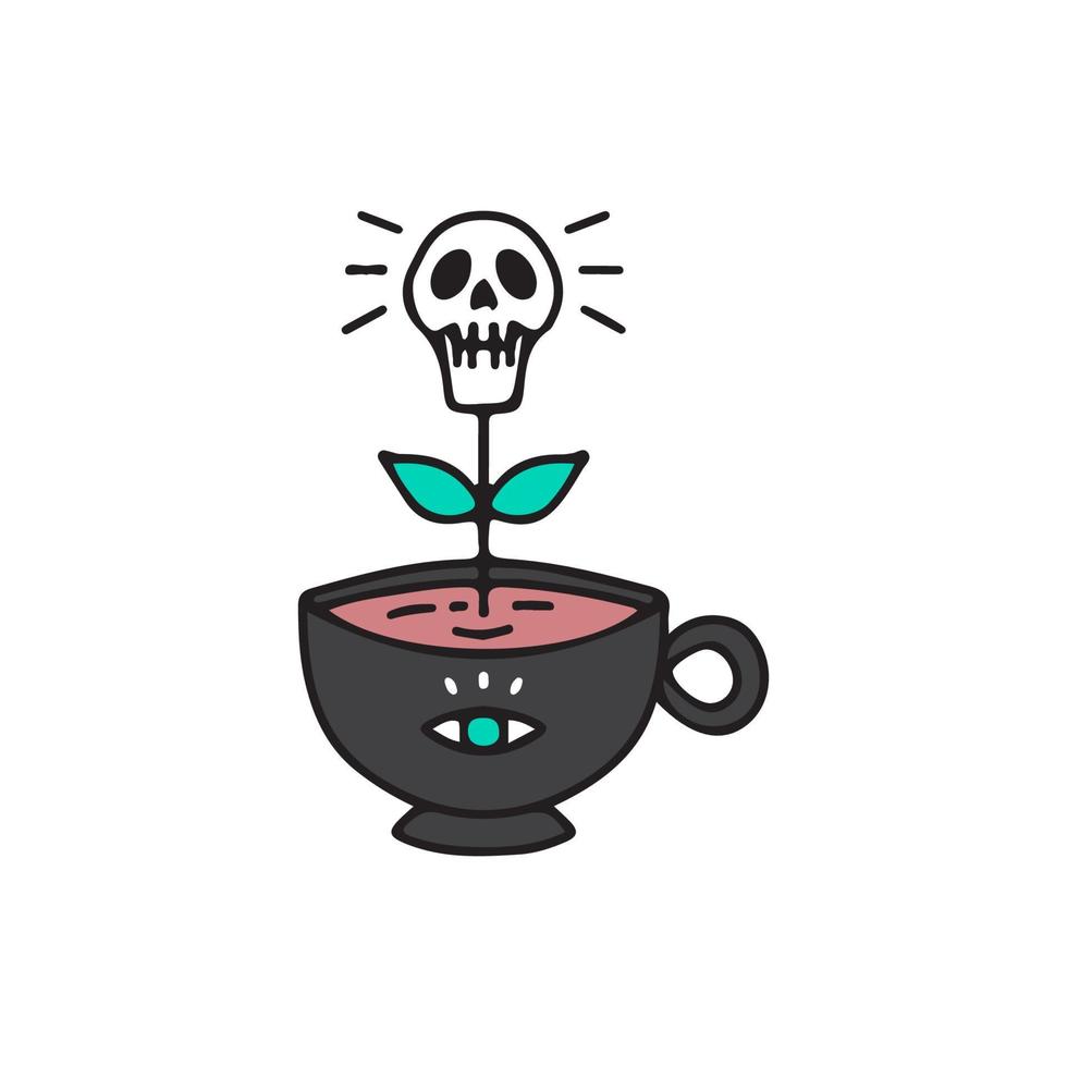 Cup of coffee with flower skull, illustration for t-shirt, street wear, sticker, or apparel merchandise. With doodle, retro, and cartoon style. vector