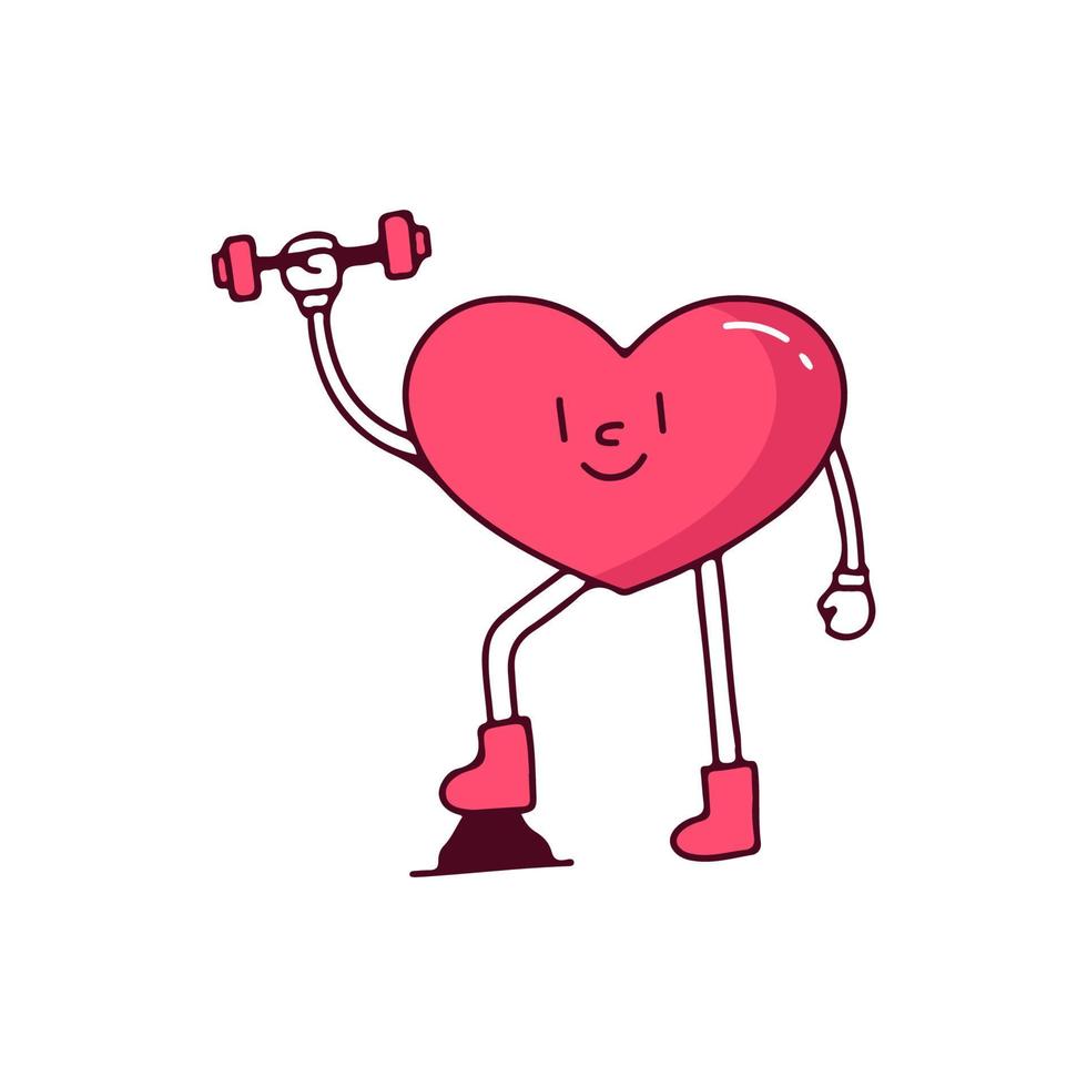 Heart mascot character workout, illustration for t-shirt, street wear, sticker, or apparel merchandise. With retro, and cartoon style. vector