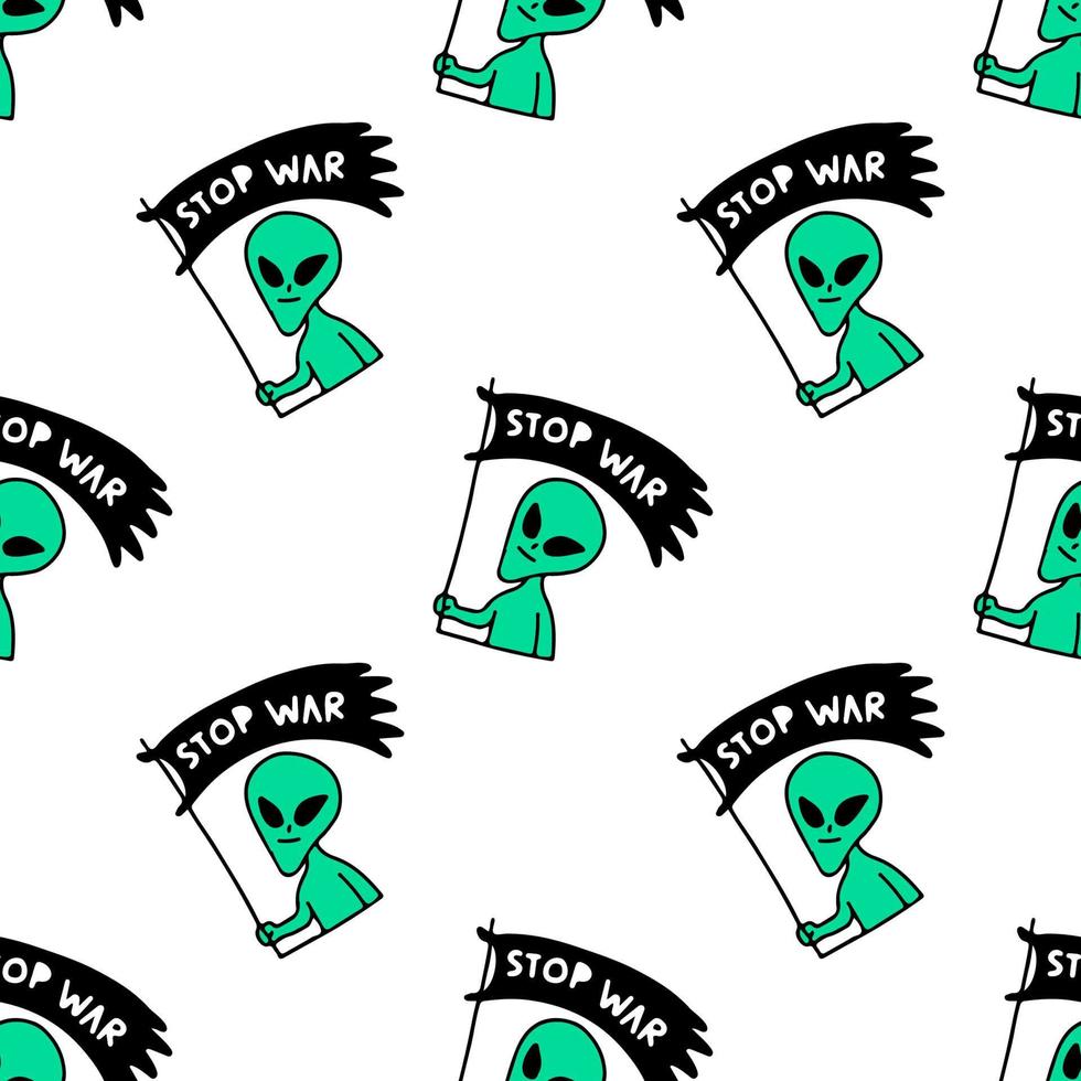 Trendy alien with stop war flag, Background seamless pattern illustration for t-shirt, sticker, or apparel merchandise. With retro, and doodle cartoon style. vector
