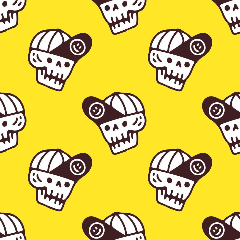 Trendy skull wearing hat, Background seamless pattern illustration for t-shirt, sticker, or apparel merchandise. With retro, and doodle cartoon style. vector