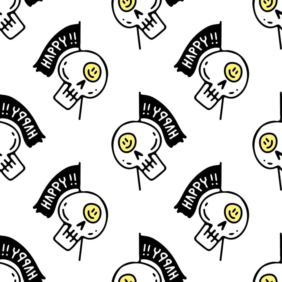 Skull and flag with happy typography, Background seamless pattern illustration for t-shirt, sticker, or apparel merchandise. With retro, and doodle cartoon style. vector