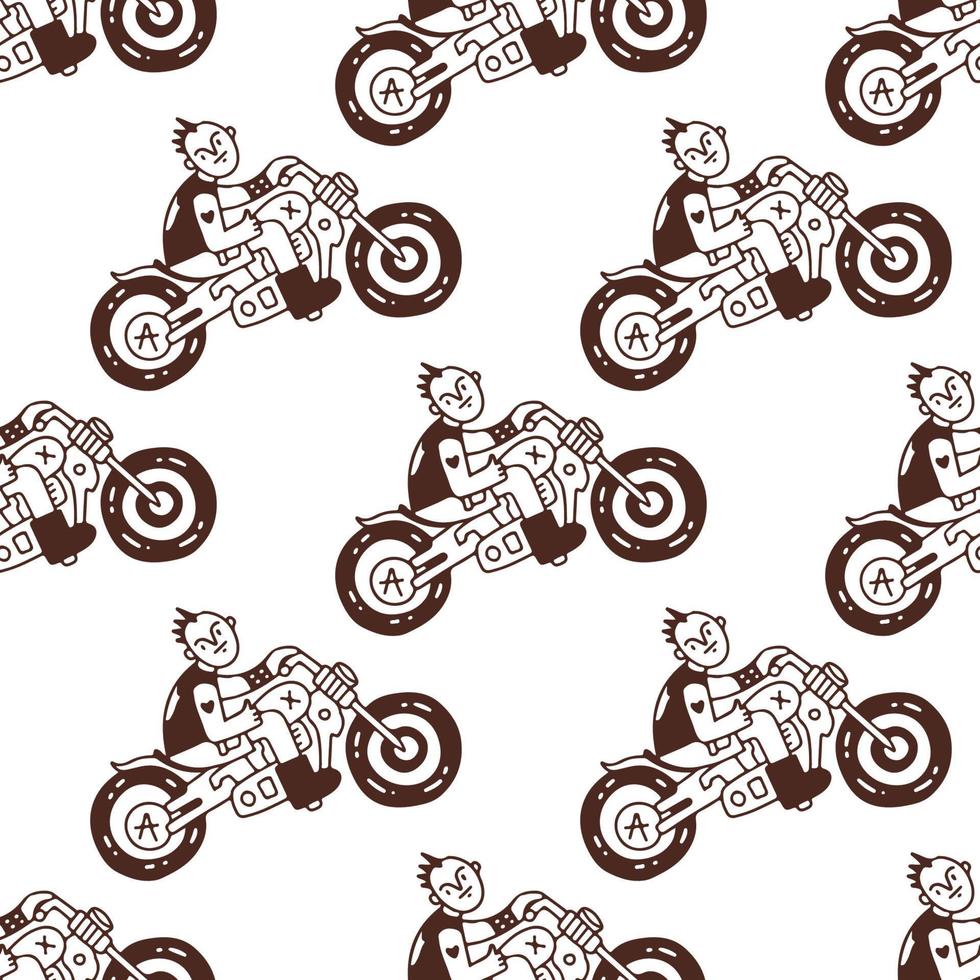 Cool punk young boy riding motorbike, seamless pattern background illustration for t-shirt, sticker, or apparel merchandise. With doodle, retro, and cartoon style. vector