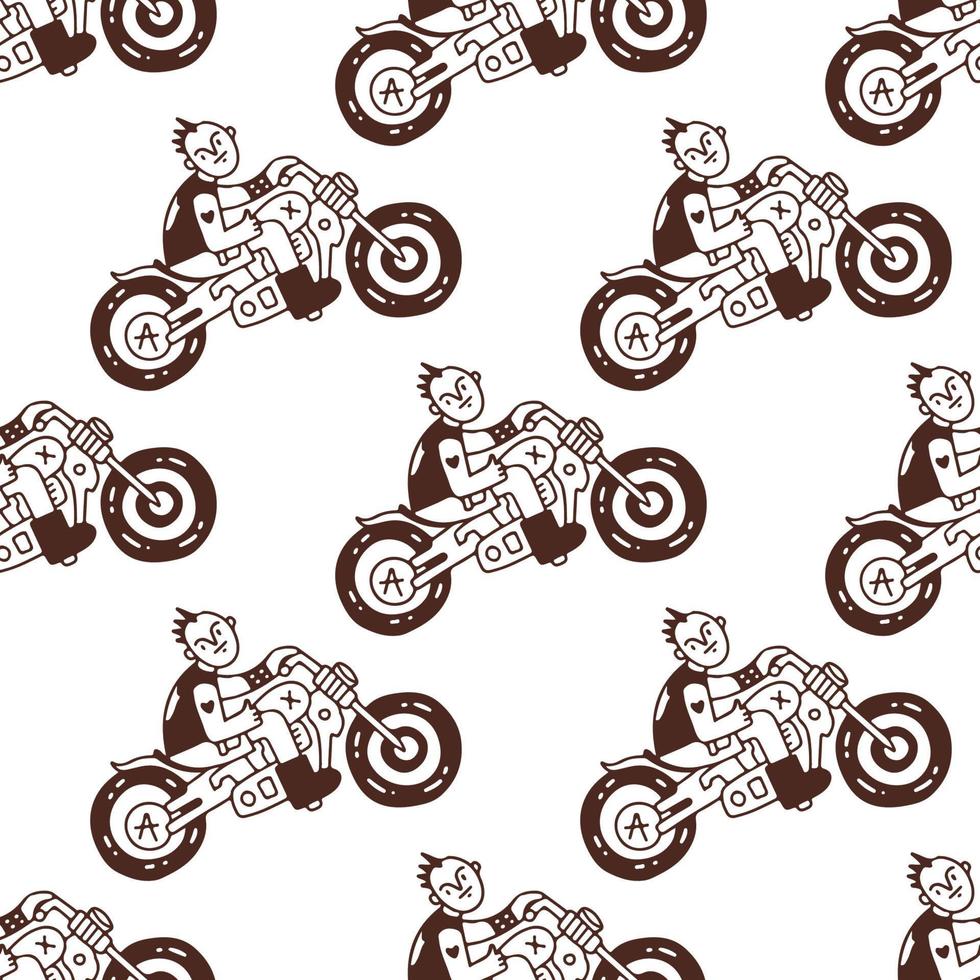 Cool punk young boy riding motorbike, seamless pattern background illustration for t-shirt, sticker, or apparel merchandise. With doodle, retro, and cartoon style. vector