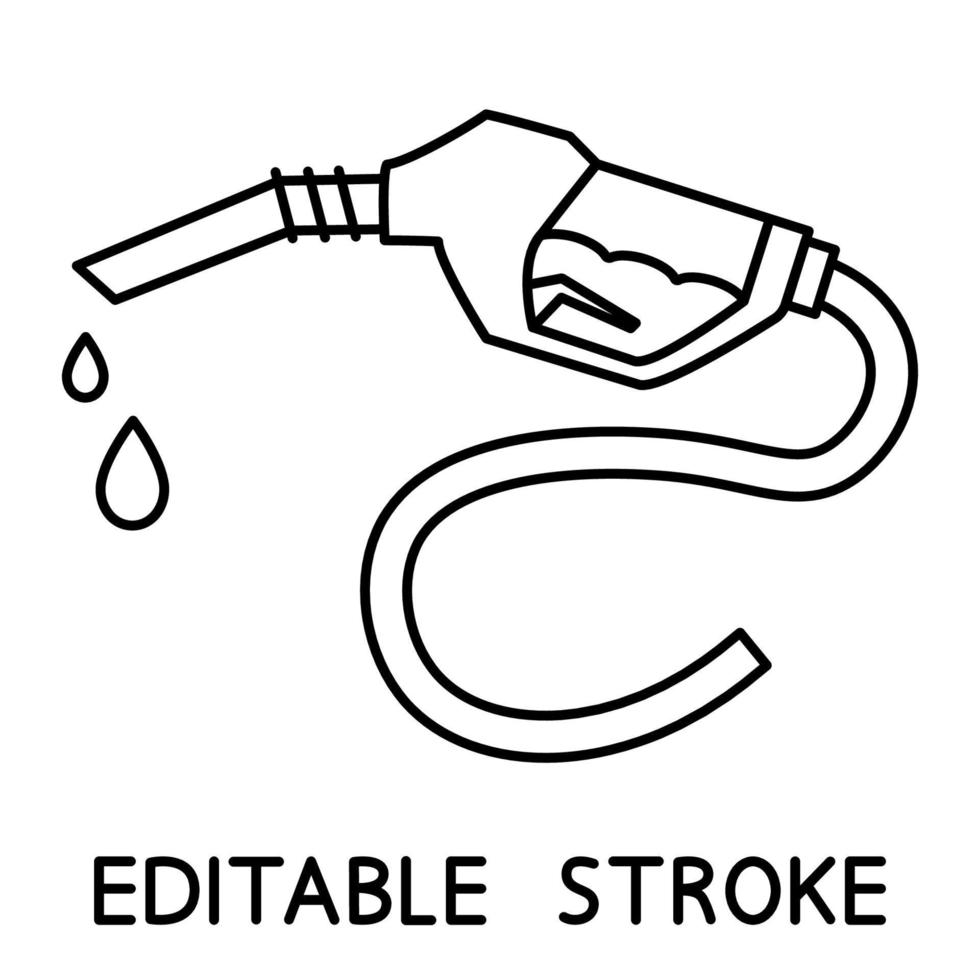 Fuel nozzle icon. Gas station icon. Petroleum fuel pump. Pump nozzle with diesel drops. Oil dripping symbol. Editable stroke vector