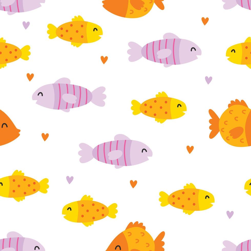 Seamless pattern with cute fish and heart. Vector childish illustration