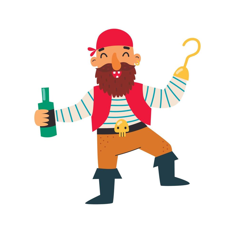 lindo pirata con una botella de ron. ilustración vectorial vector