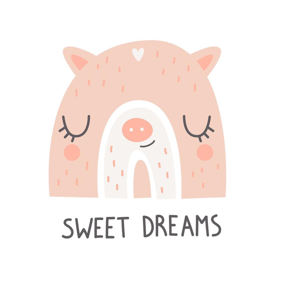 lindo arco iris con cara de cerdo y letras dulces sueños. arte de vivero ilustración vectorial vector