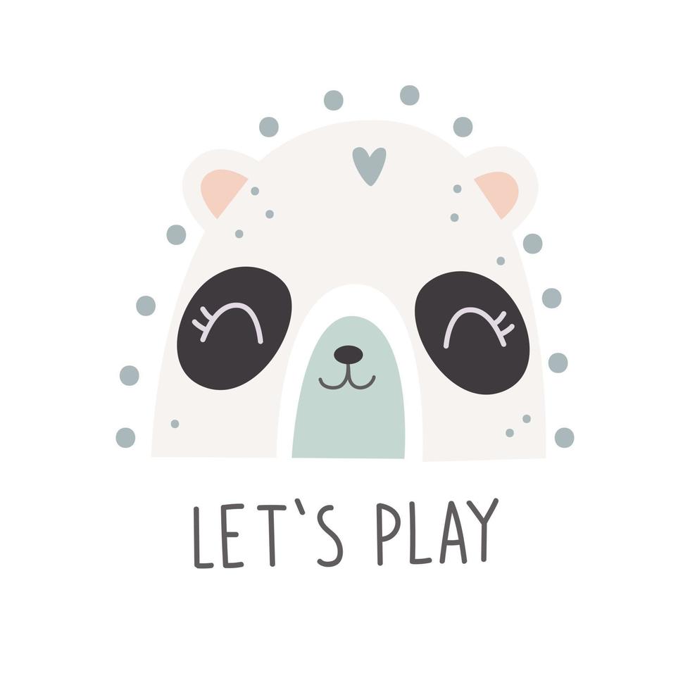 Cute rainbow with panda face and lettering LETS PLAY. Nursery art. Vector illustration