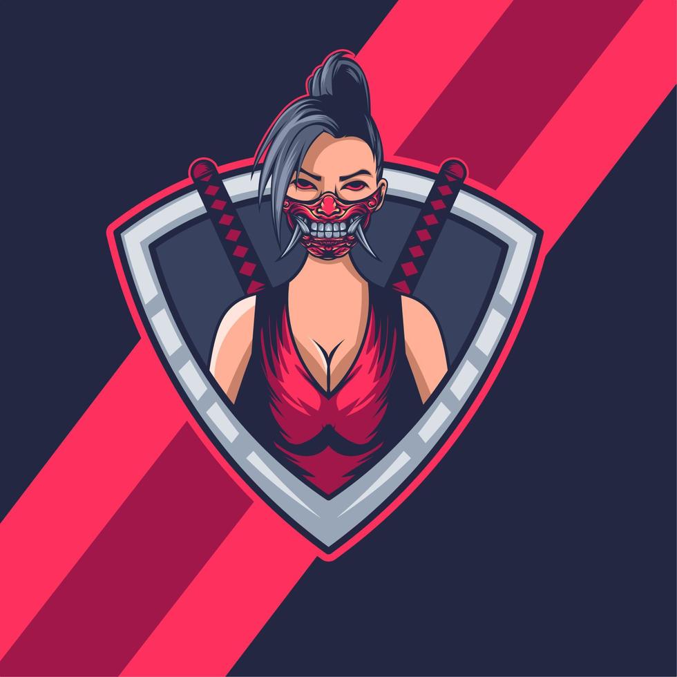 esport logo, beautiful woman with oni mask and two samurai swords on the back, for game logos, team and squad gaming logos, vector