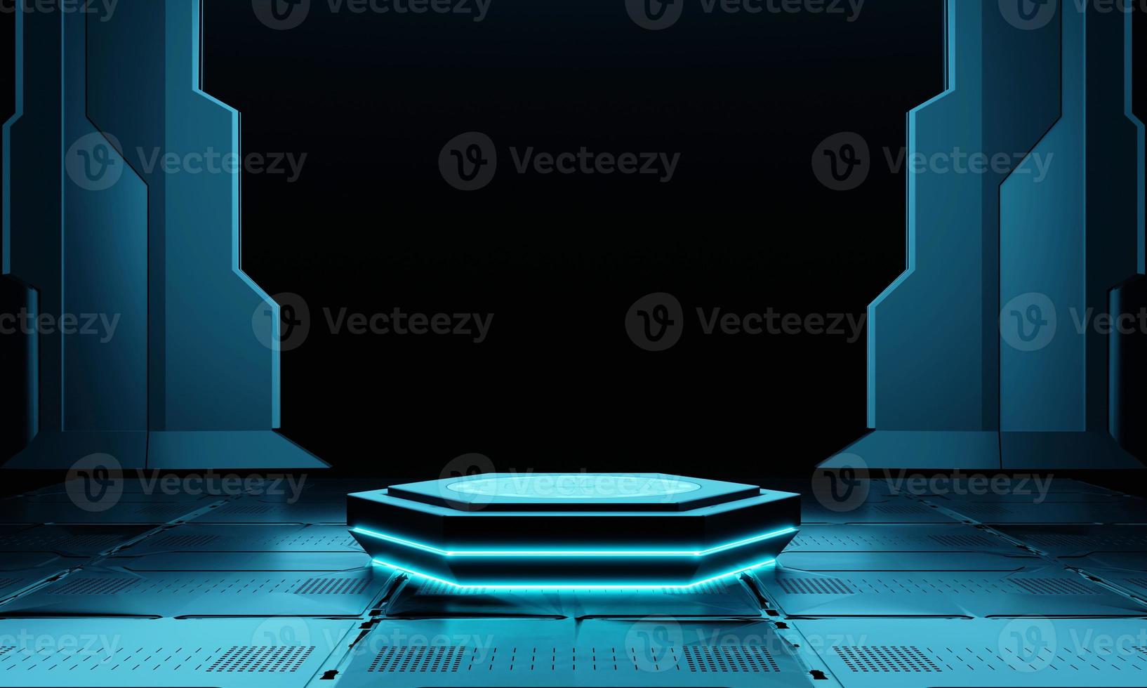 Cyberpunk blue empty hexagon podium in the dark spaceship with glowing light for product presentation. Technology and Sci-fi concept. 3D illustration rendering photo