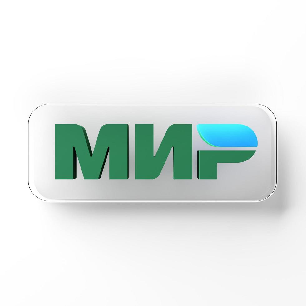 Chonburi, Thailand - JUN 25, 2022 Closeup MIR Pay system logo on isolated white background. Russian payment system for electronic fund transfers established by Central Bank of Russia. 3D rendering photo