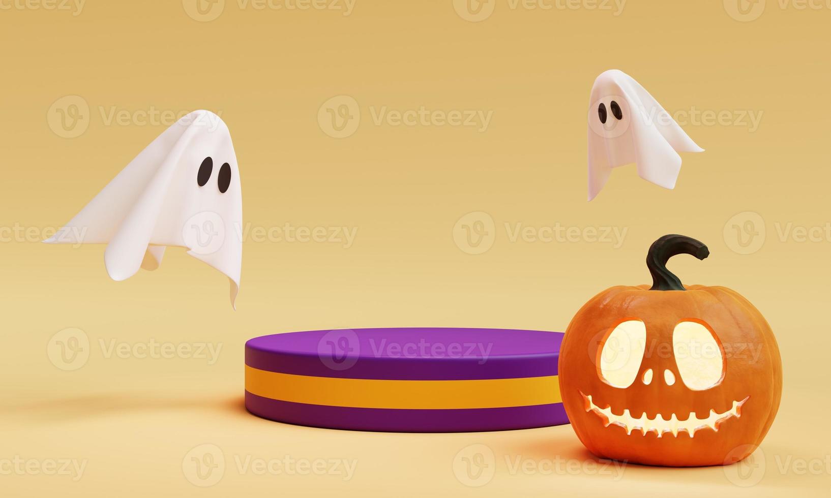 Halloween Jack O Lantern one stage podium for product presentation background. Holiday festival and seasonal concept. 3D illustration rendering photo