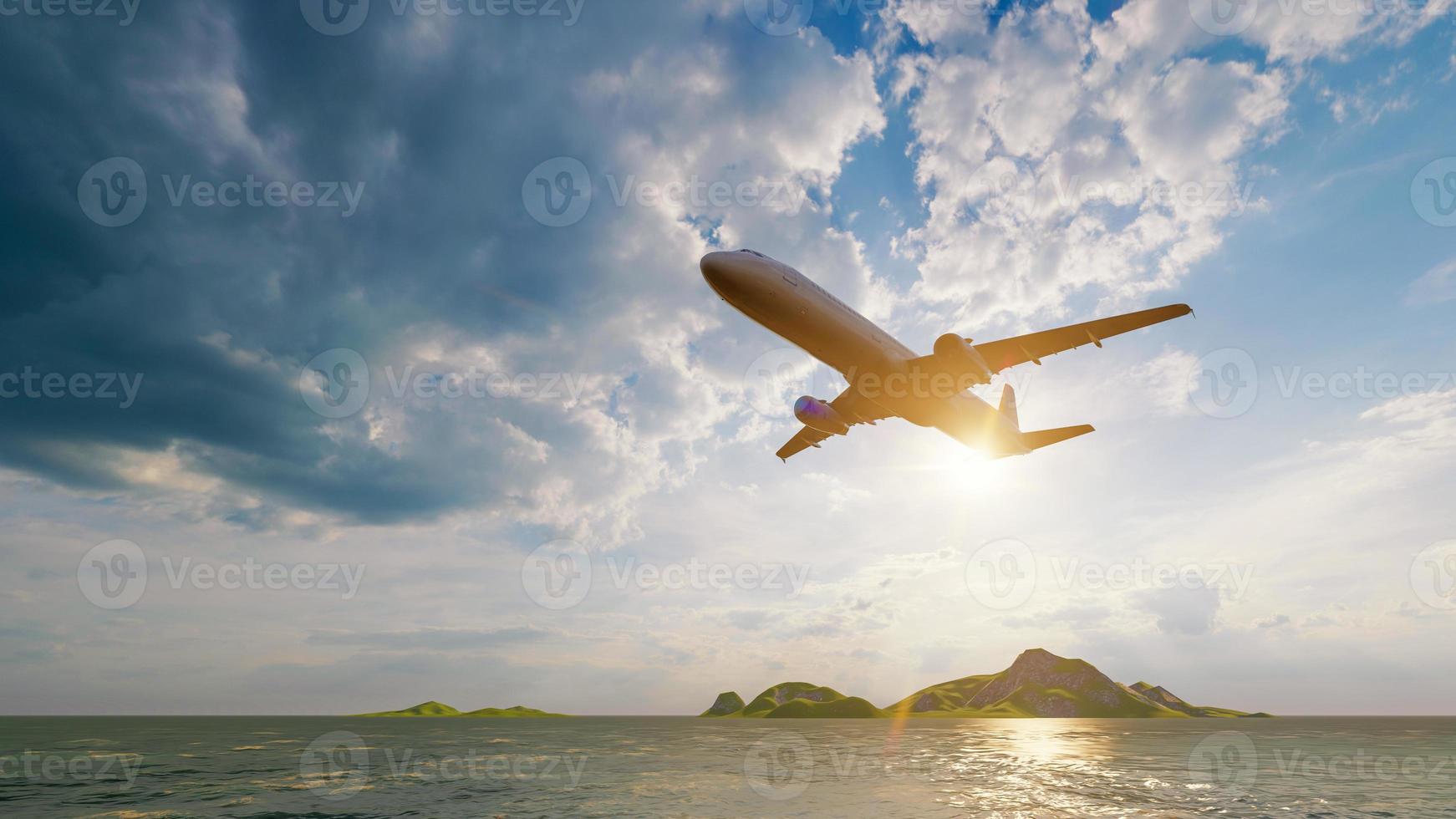 avión volando sobre el mar del océano con la luz del sol brillando en el fondo del cielo azul. viaje de viaje y concepto de transporte de pasión por los viajes. representación de ilustración 3d foto