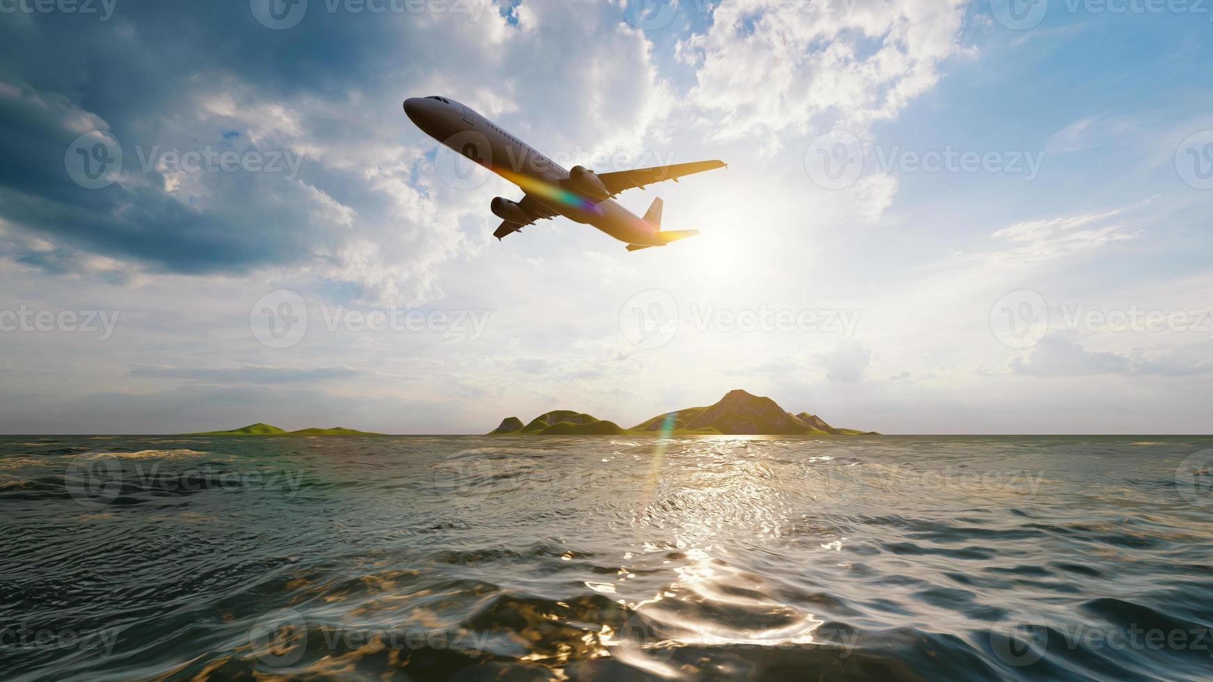 avión volando sobre el mar del océano con la luz del sol brillando en el fondo del cielo azul. viaje de viaje y concepto de transporte de pasión por los viajes. representación de ilustración 3d foto