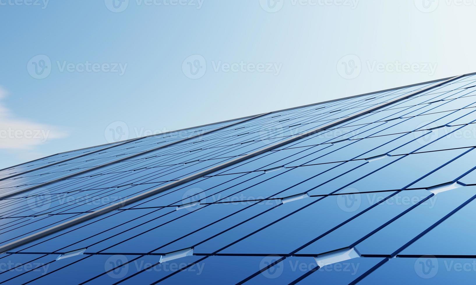 estación de energía solar con paneles solares para producir energía eléctrica mediante energía verde con fondo de cielo azul. tecnología y concepto de planta de energía industrial eléctrica. representación de ilustración 3d foto