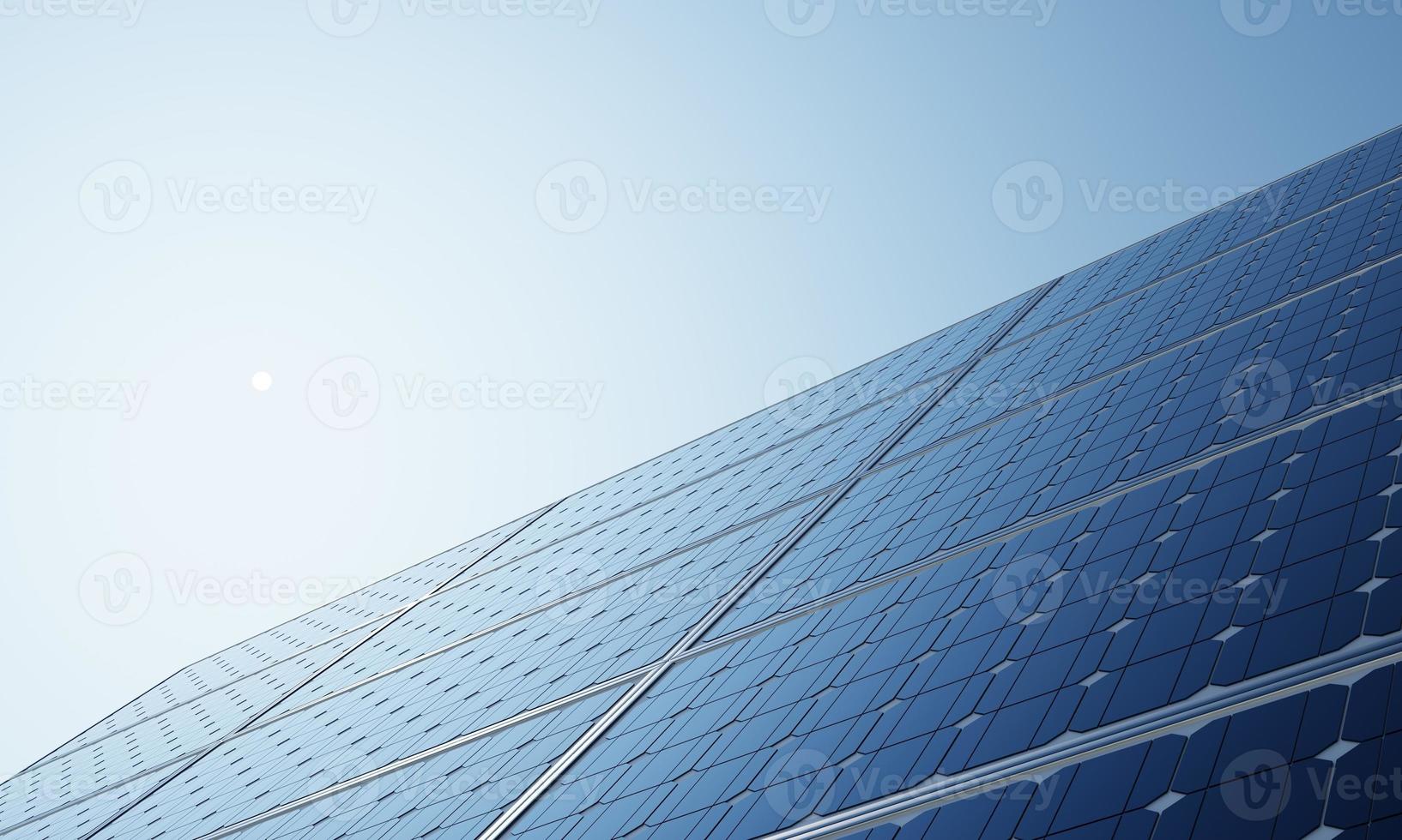 Solar power station with solar panels for producing electric power energy by green power with blue sky background. Technology and electrical industrial power plant concept. 3D illustration rendering photo