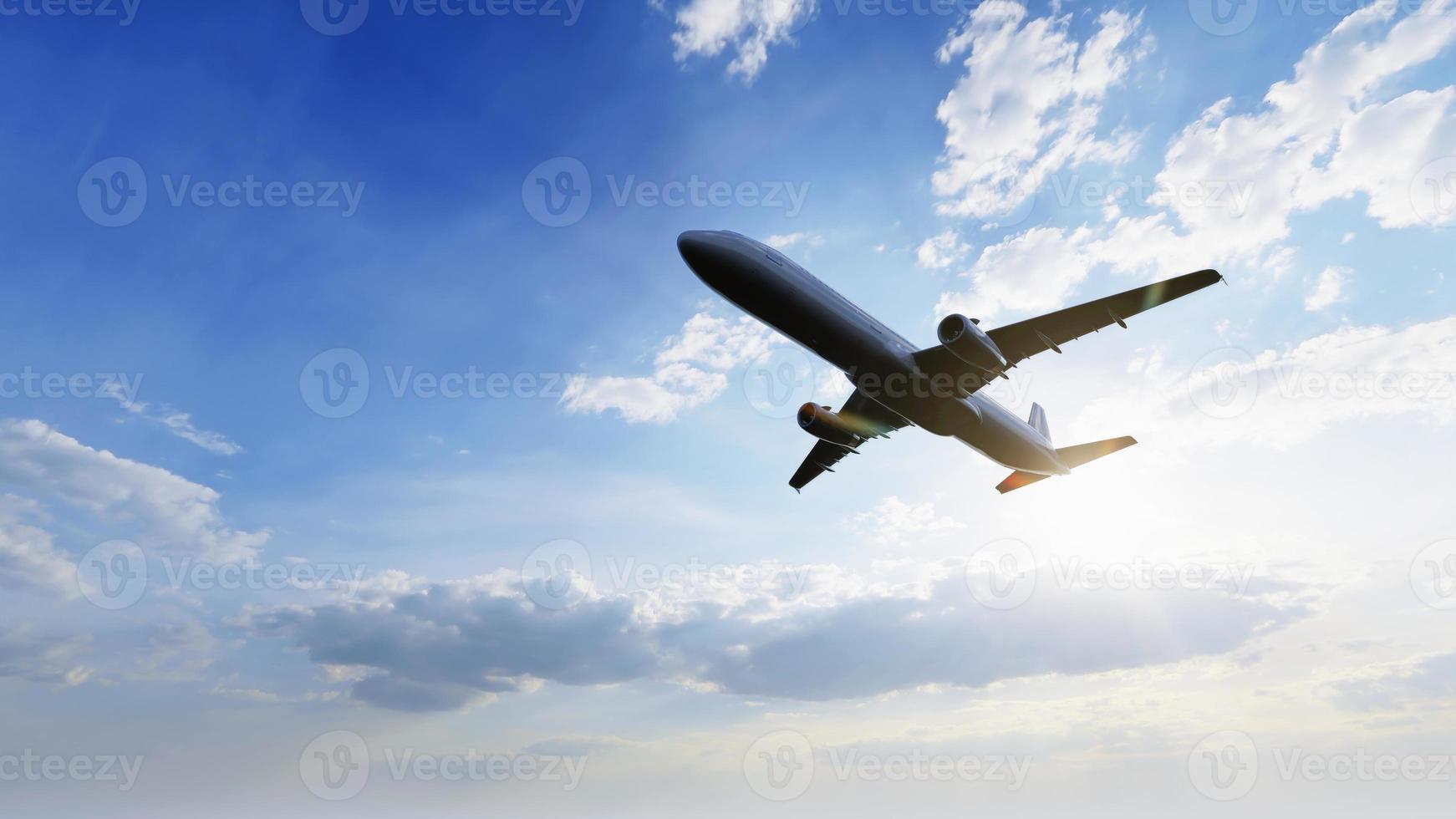 avión volando en el aire con la luz del sol brillando en el fondo del cielo azul. viaje de viaje y concepto de transporte de pasión por los viajes. representación de ilustración 3d foto