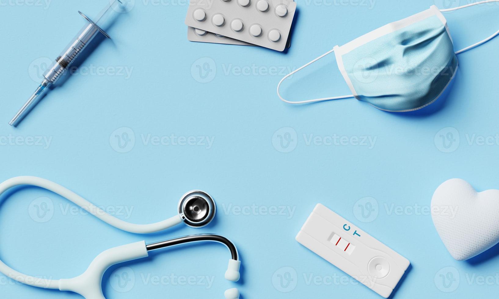 Health props and tools with medical equipment on blue paper background. Healthcare and healthy concept. 3D illustration rendering photo