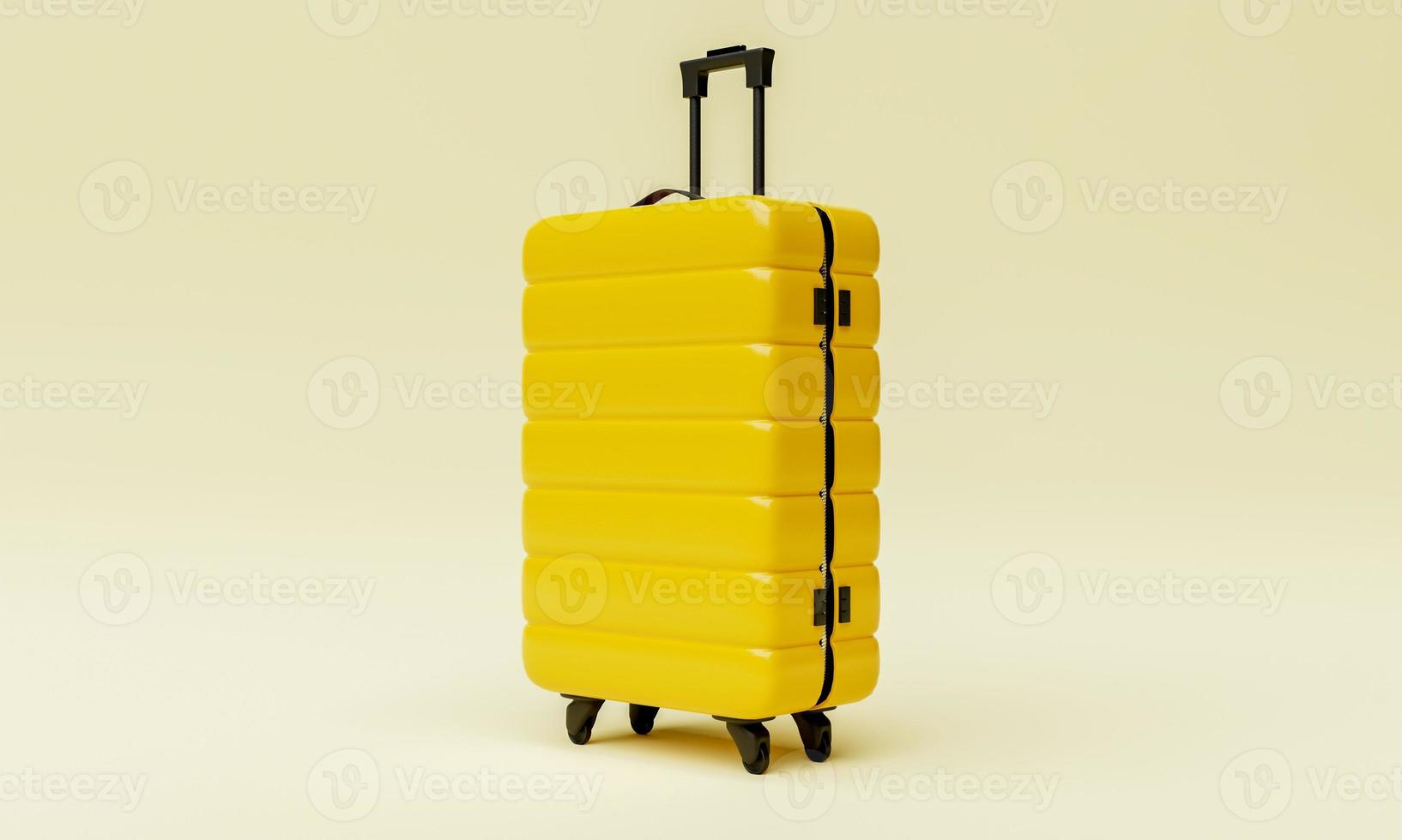 Yellow trolley suitcase on isolated background. Travel object and wanderlust concept. 3D illustration rendering photo